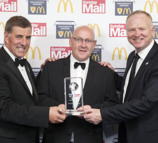 McDonald's Grassroots Awards - Best Volunteer in Youth Football Peter Frame from Loanhead, with Mark McGhee (left) and Alex McLeish